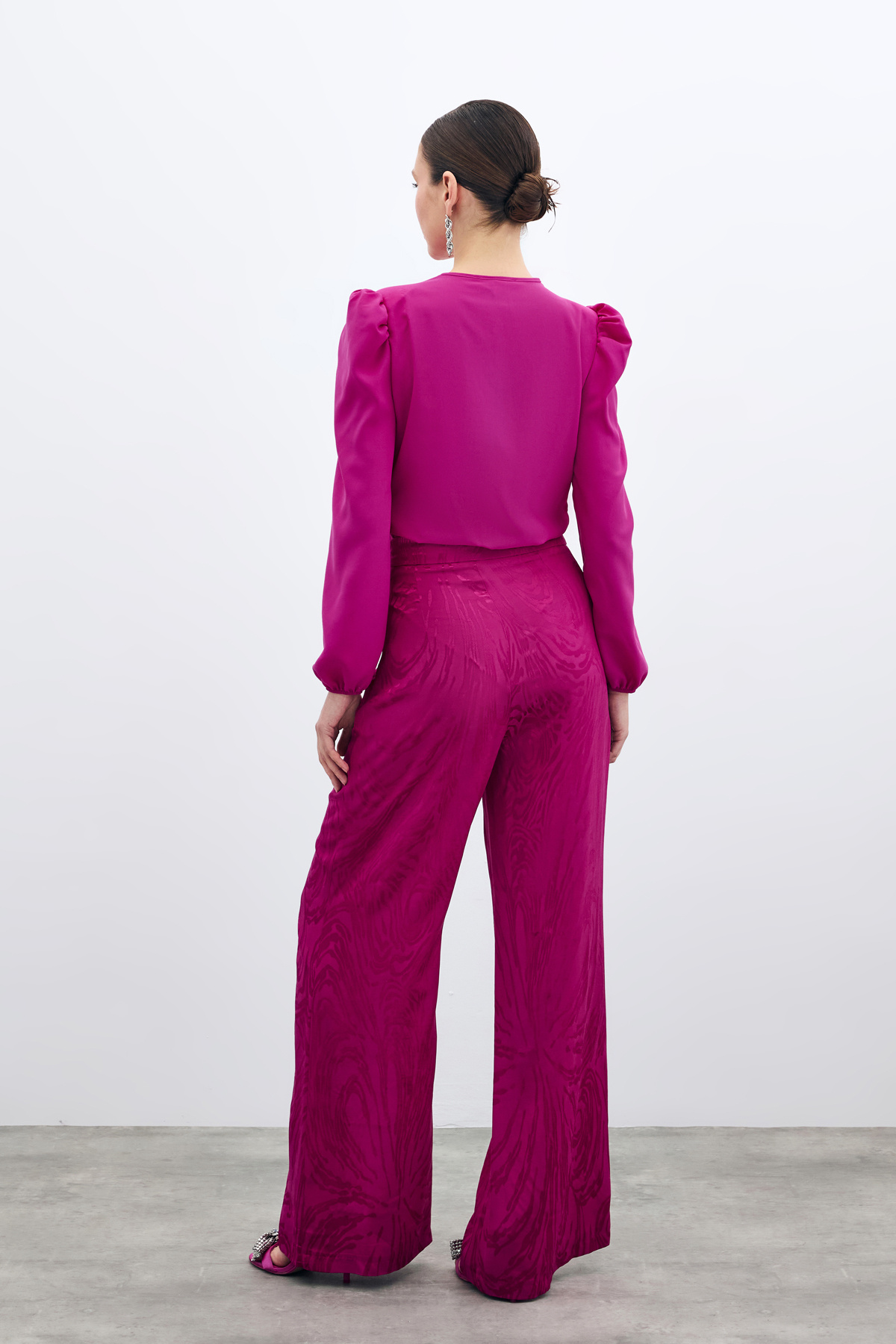 Yüksek Bel Desenli Pantolon - Fuşya