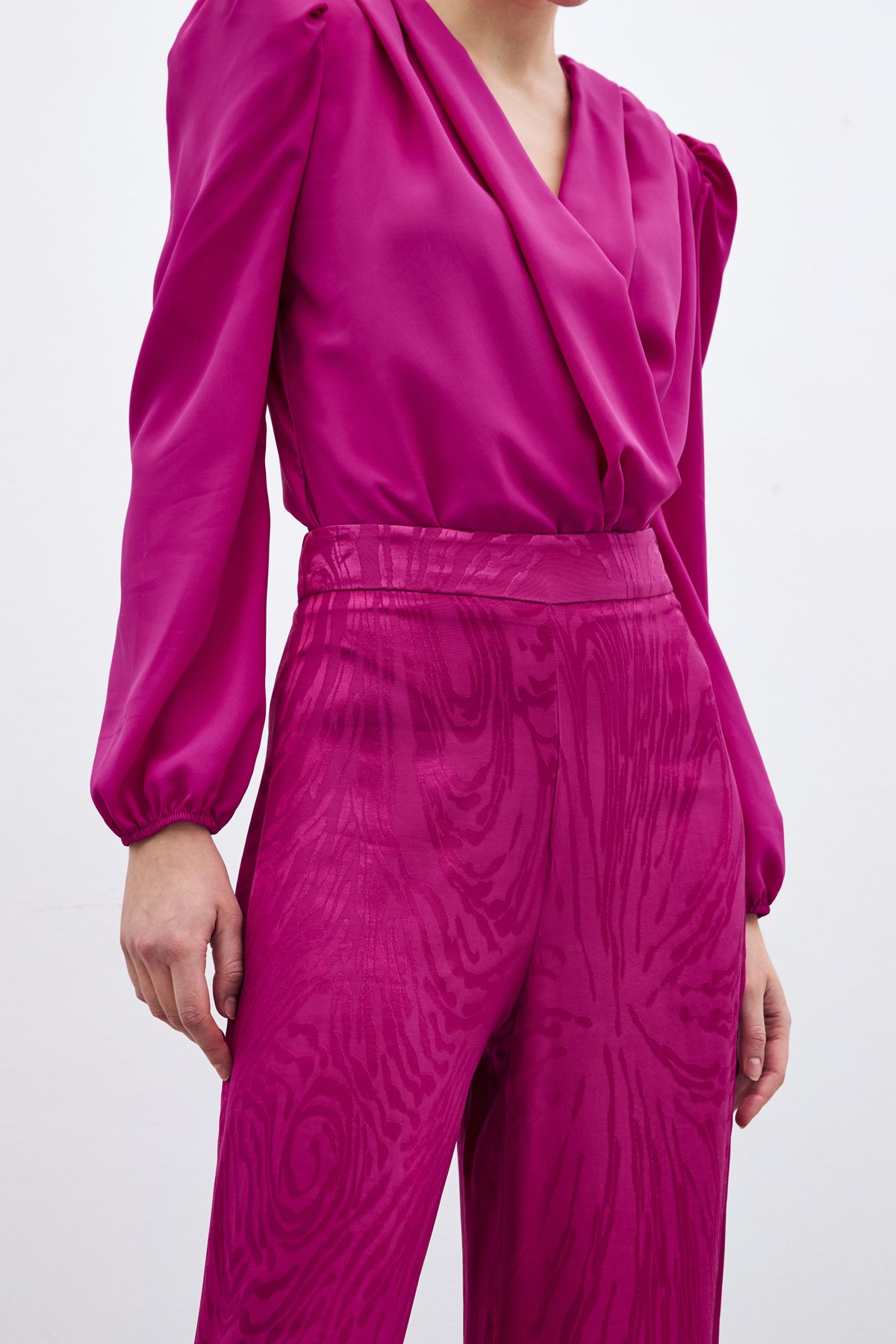 Yüksek Bel Desenli Pantolon - Fuşya