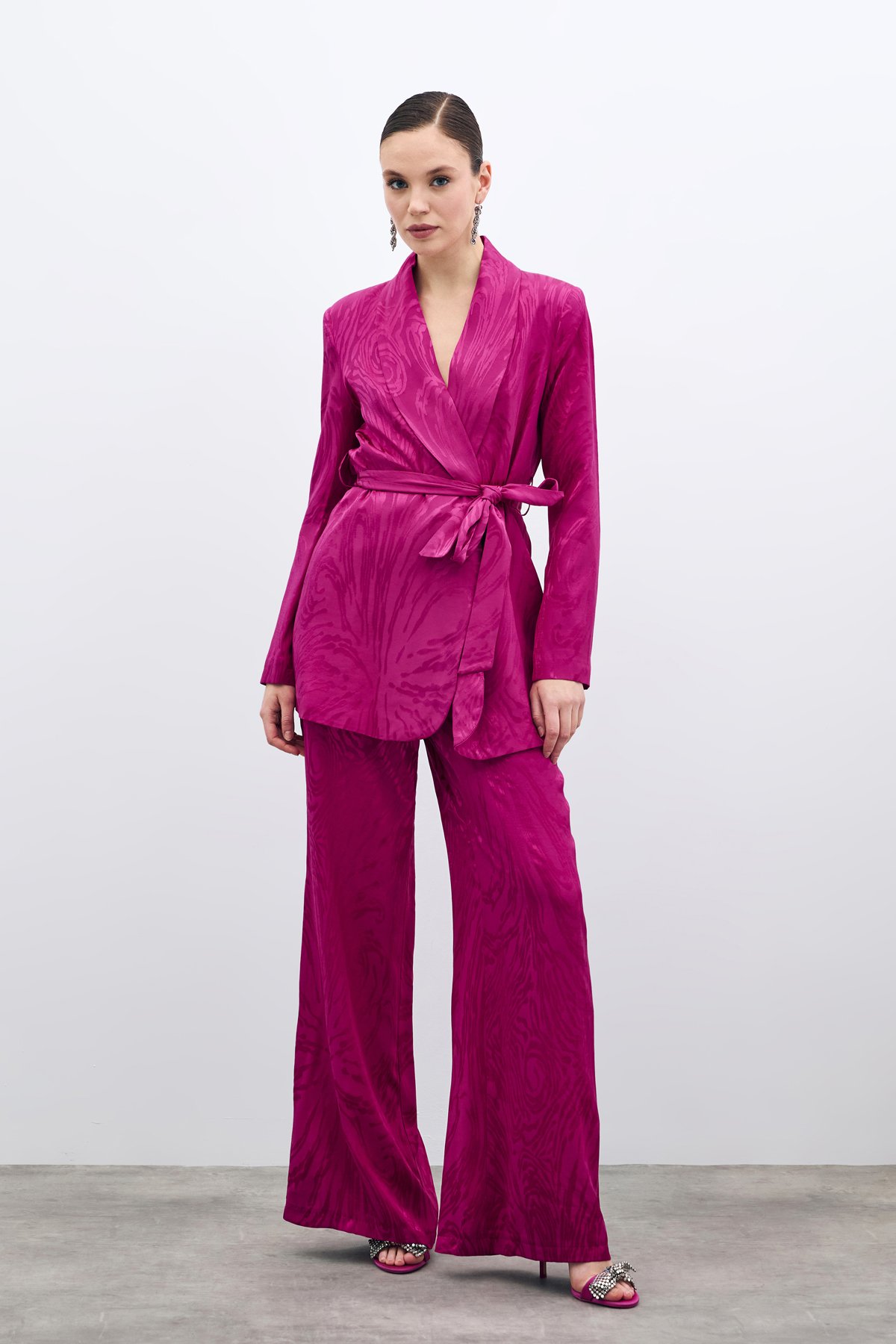 Yüksek Bel Desenli Pantolon - Fuşya