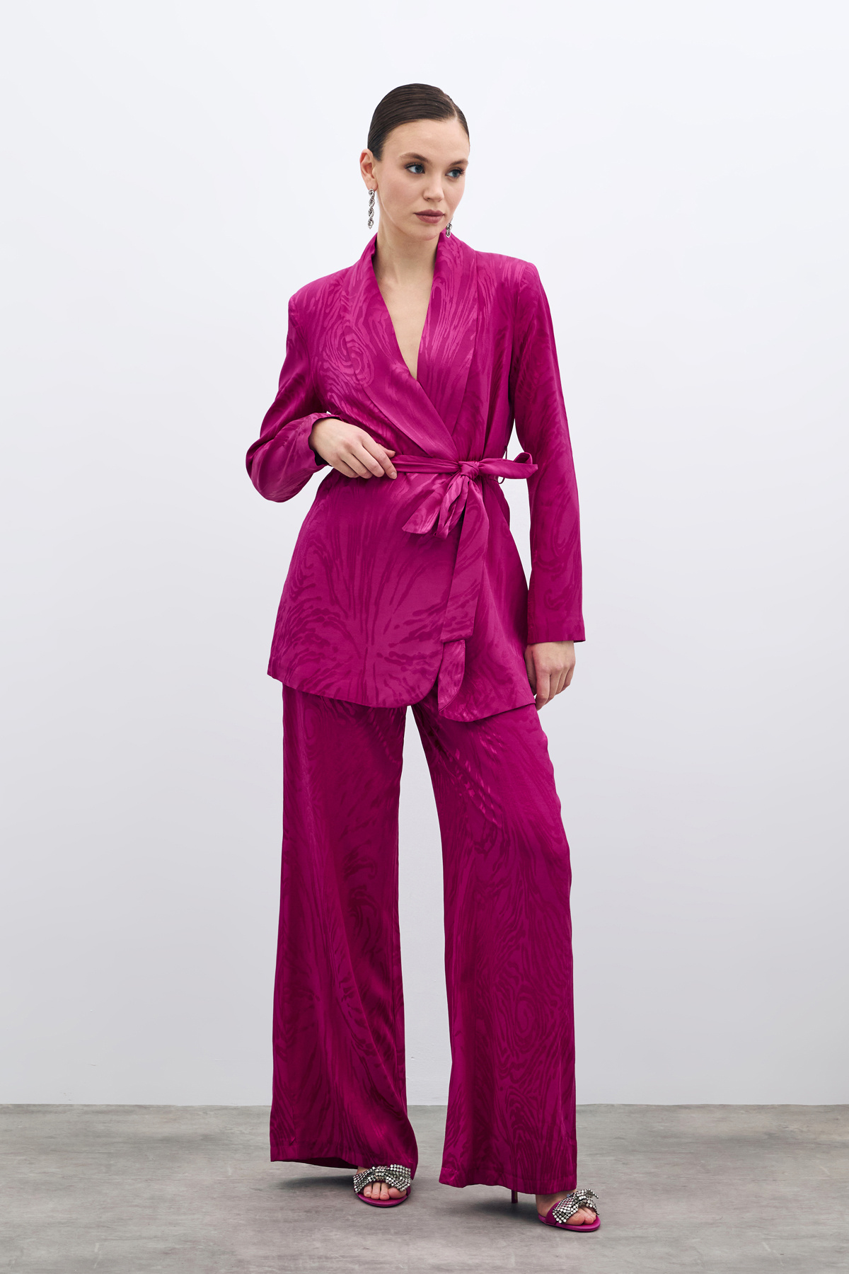 Yüksek Bel Desenli Pantolon - Fuşya