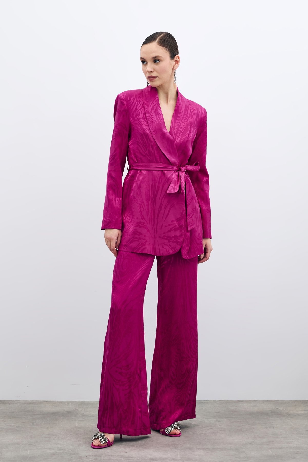 Yüksek Bel Desenli Pantolon - Fuşya