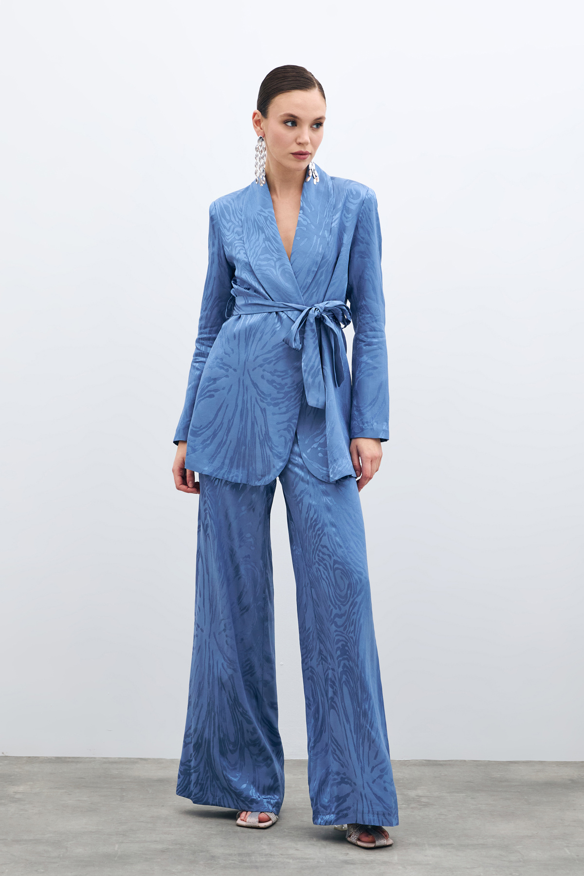 Yüksek Bel Desenli Pantolon - İndigo