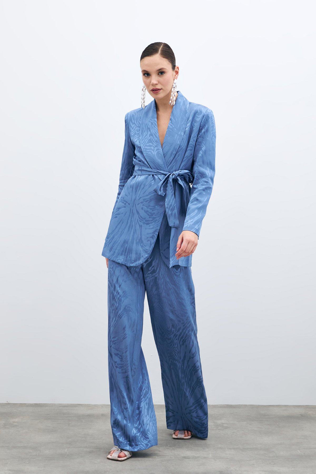 Yüksek Bel Desenli Pantolon - İndigo