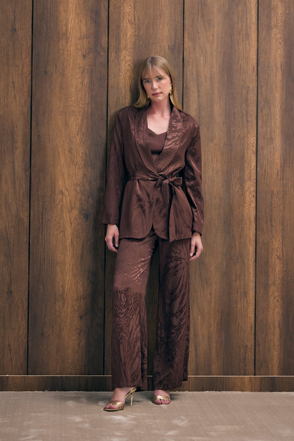 Yüksek Bel Desenli Pantolon - Kahve