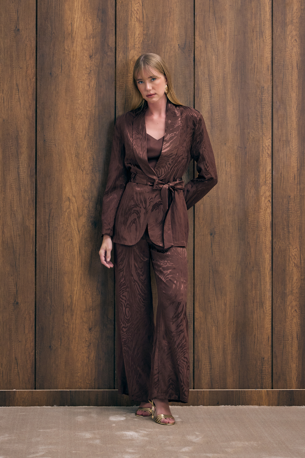 Yüksek Bel Desenli Pantolon - Kahve