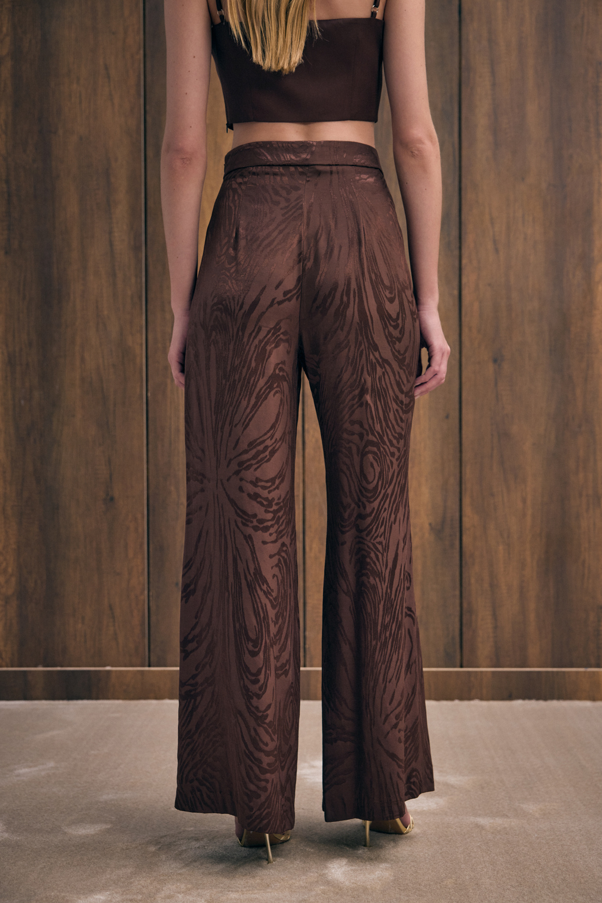 Yüksek Bel Desenli Pantolon - Kahve