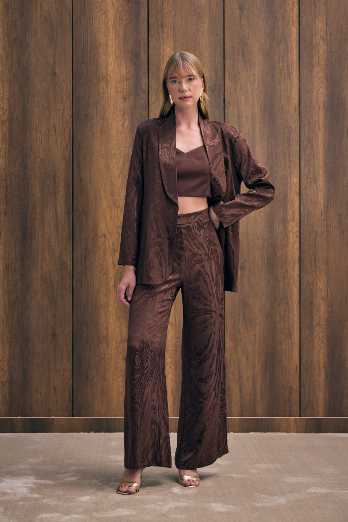 Yüksek Bel Desenli Pantolon - Kahve