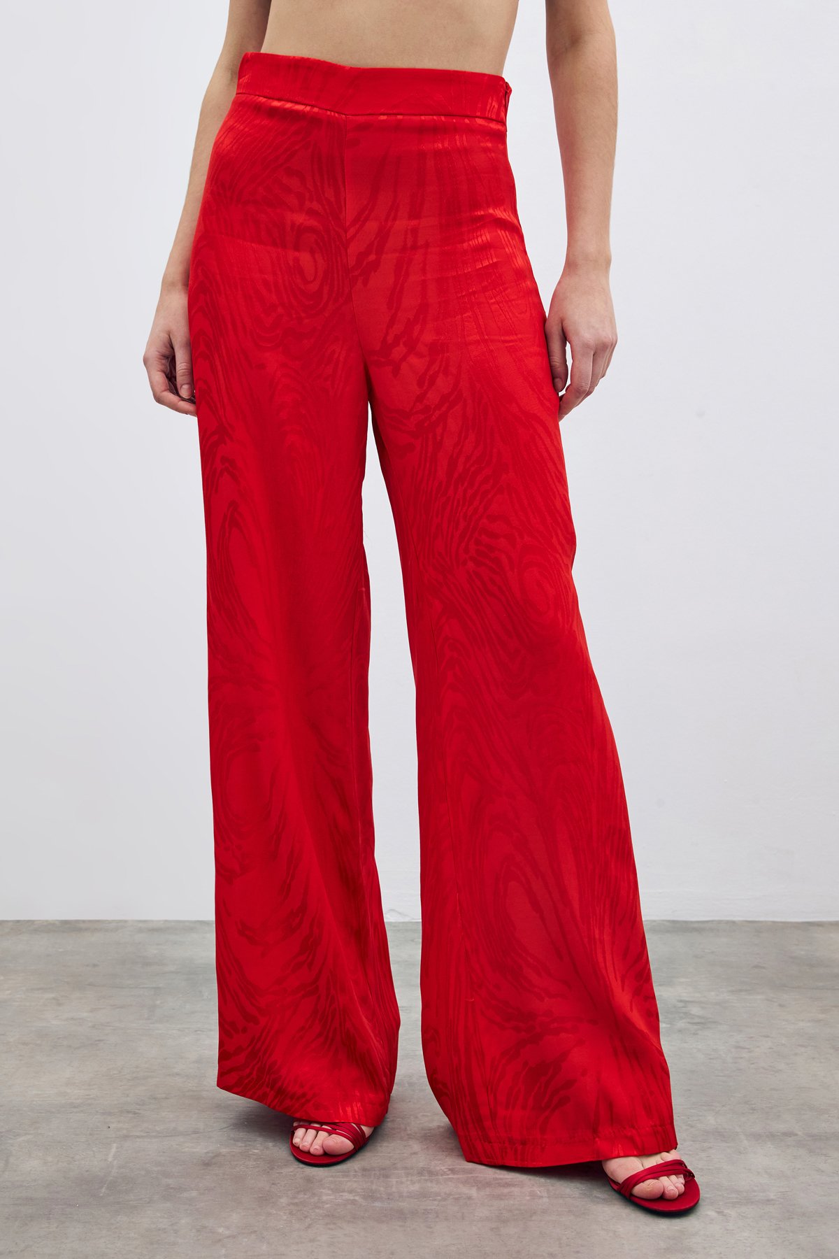 Yüksek Bel Desenli Pantolon - Kırmızı