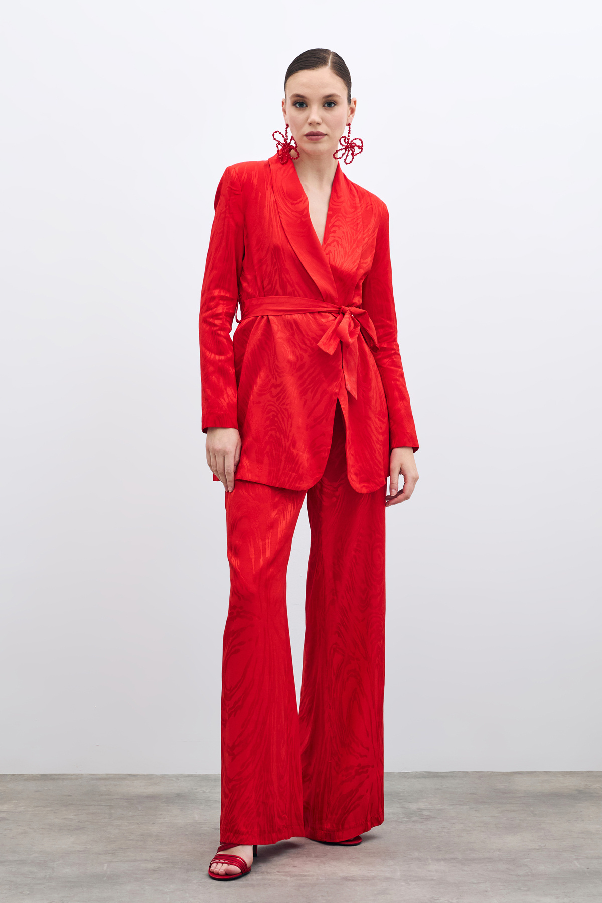 Yüksek Bel Desenli Pantolon - Kırmızı