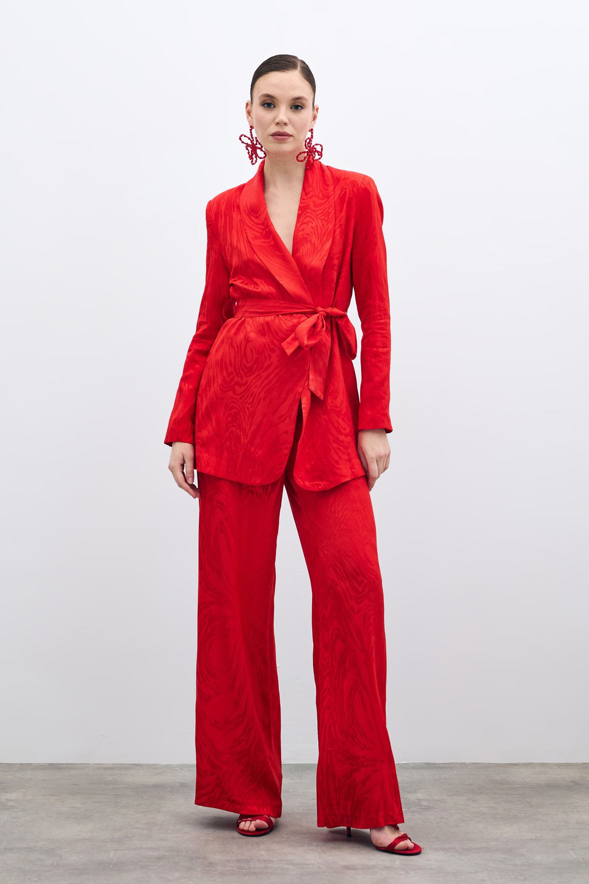 Yüksek Bel Desenli Pantolon - Kırmızı