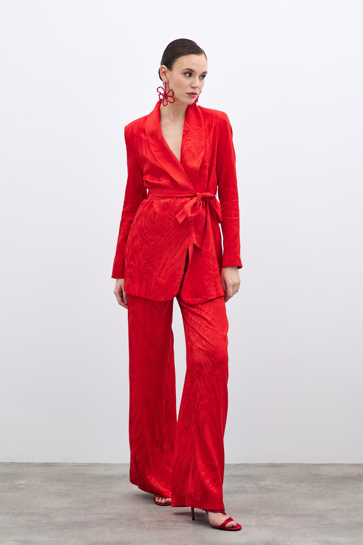 Yüksek Bel Desenli Pantolon - Kırmızı