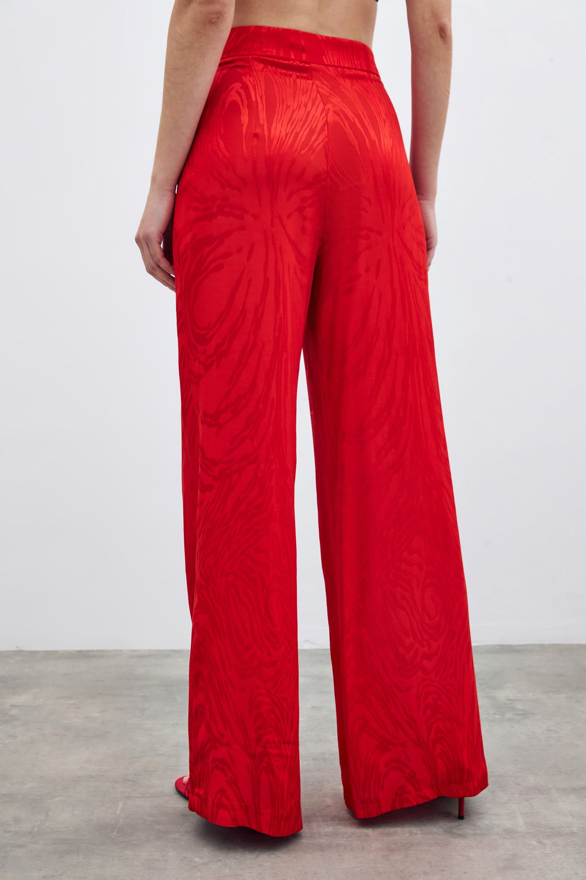 Yüksek Bel Desenli Pantolon - Kırmızı