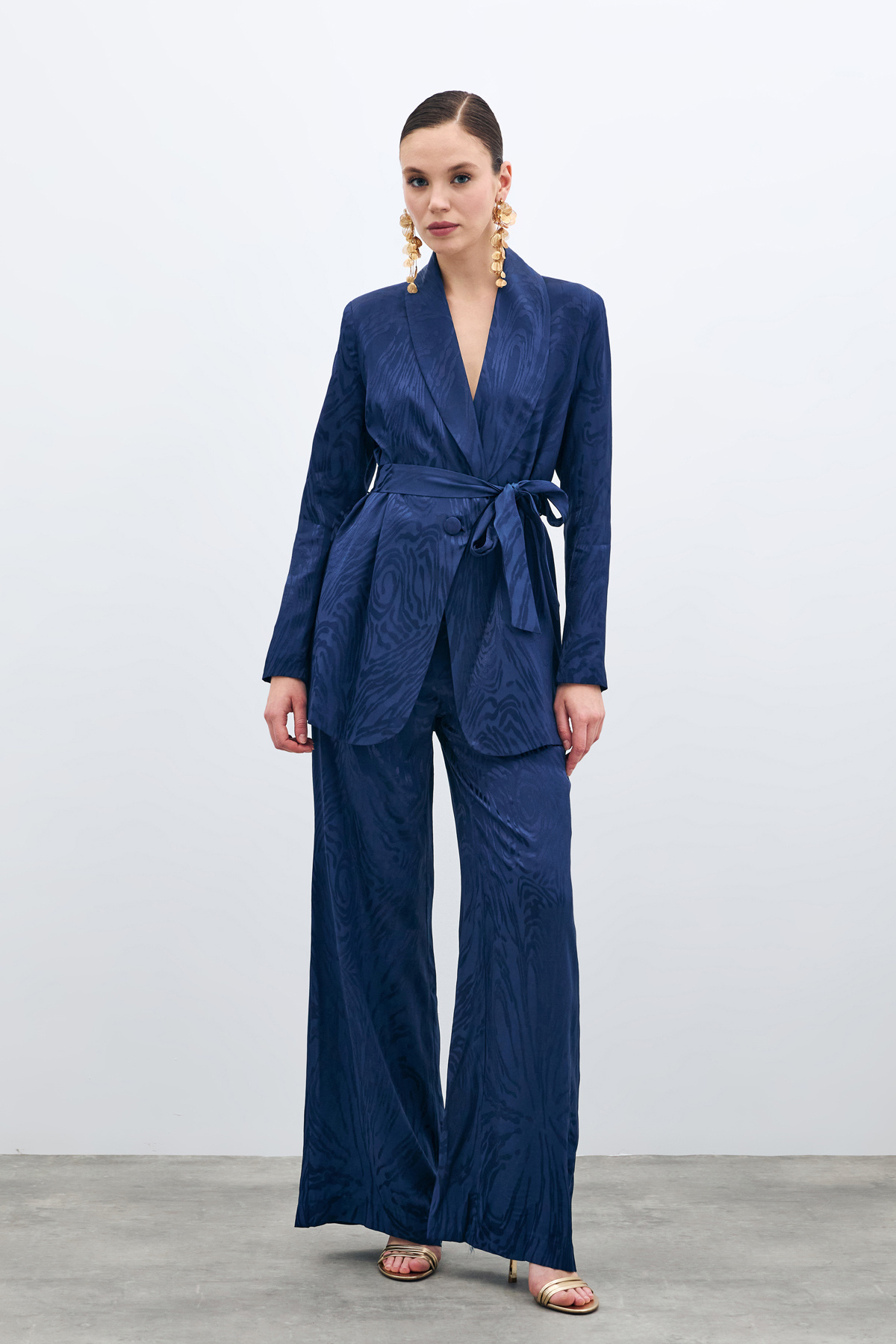 Yüksek Bel Desenli Pantolon - Lacivert