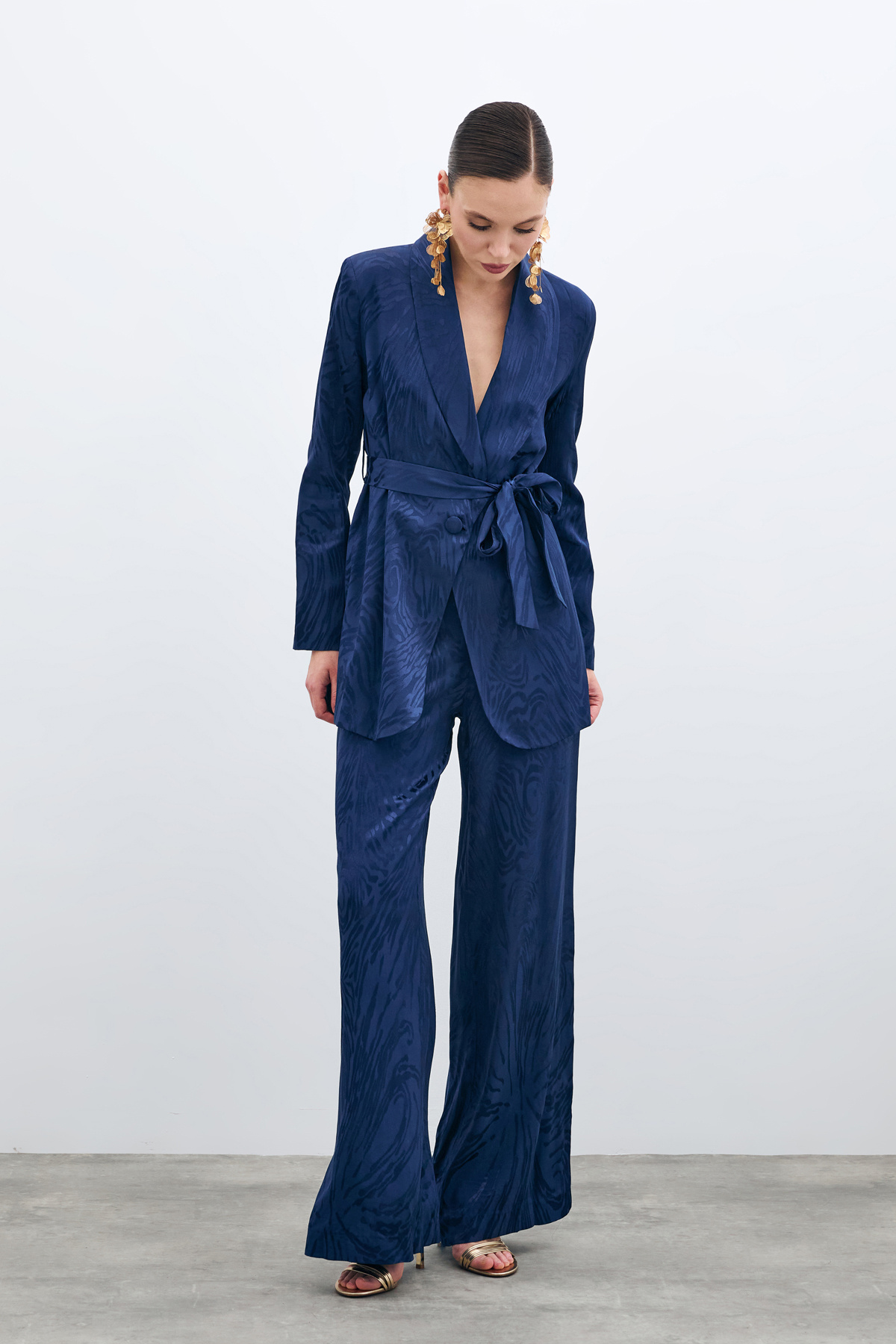 Yüksek Bel Desenli Pantolon - Lacivert