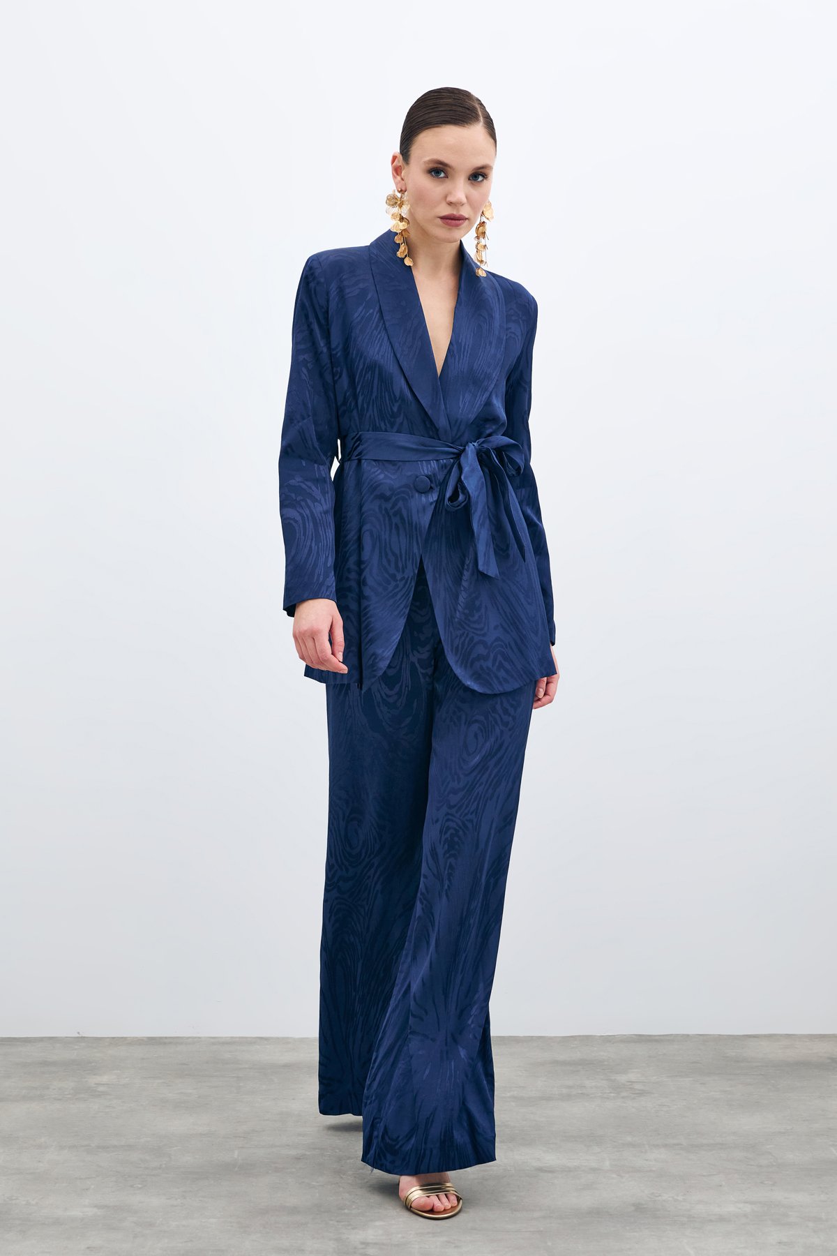 Yüksek Bel Desenli Pantolon - Lacivert