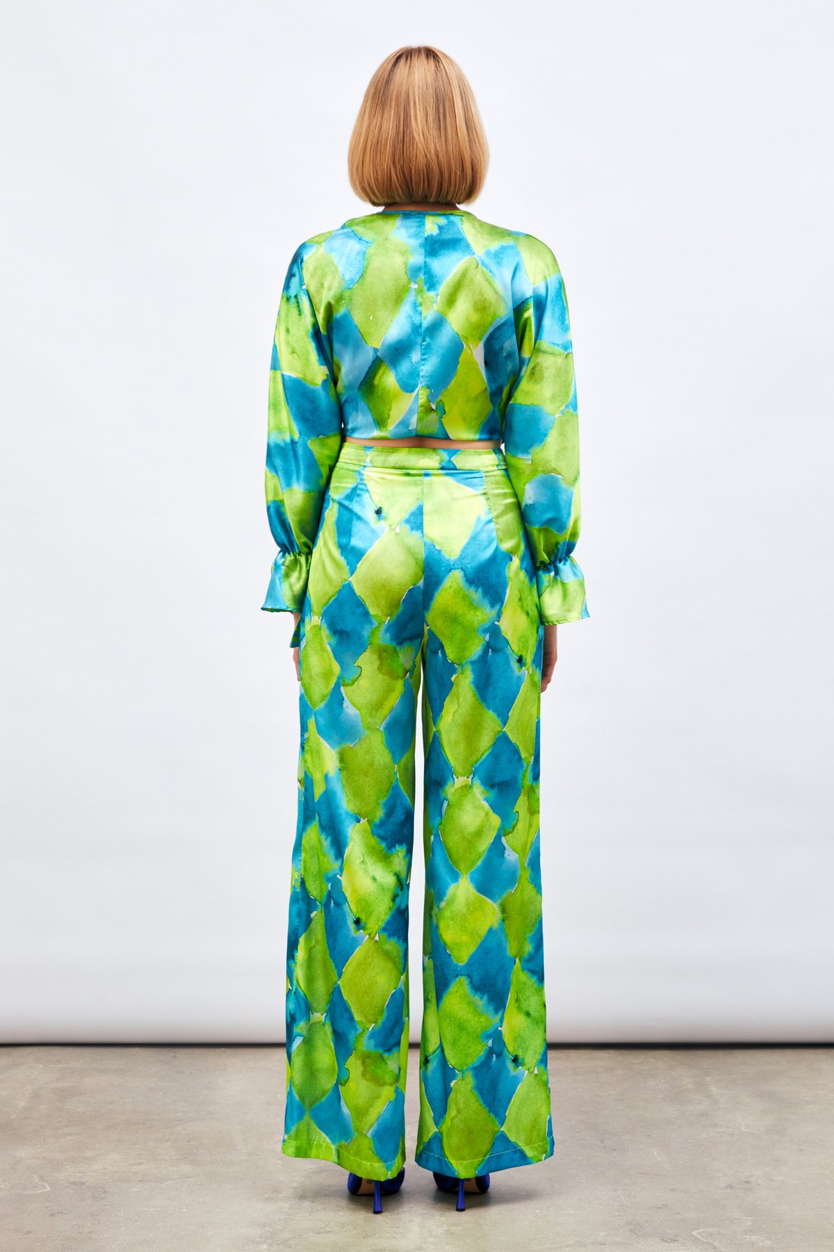 Yüksek Bel Desenli Pantolon - MAVİ