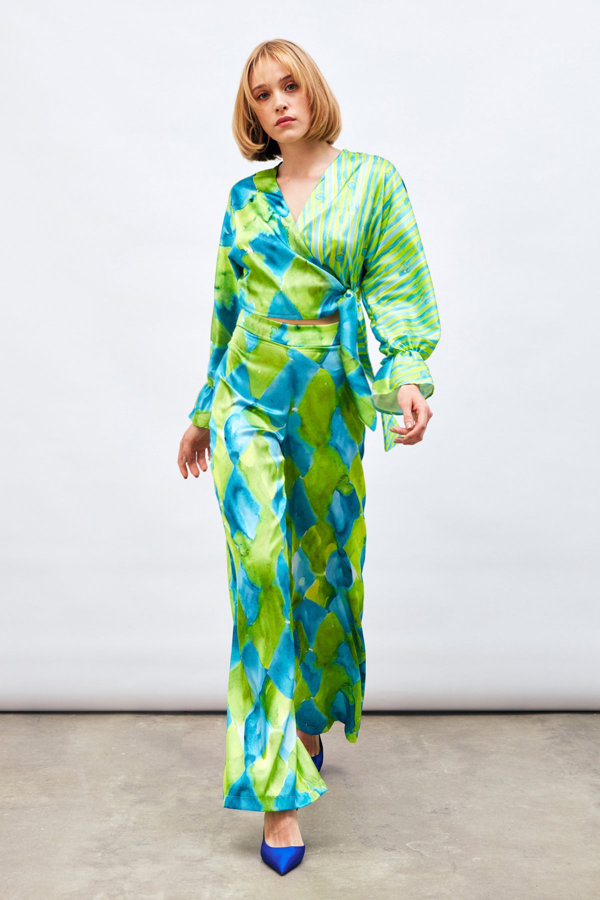 Yüksek Bel Desenli Pantolon - MAVİ