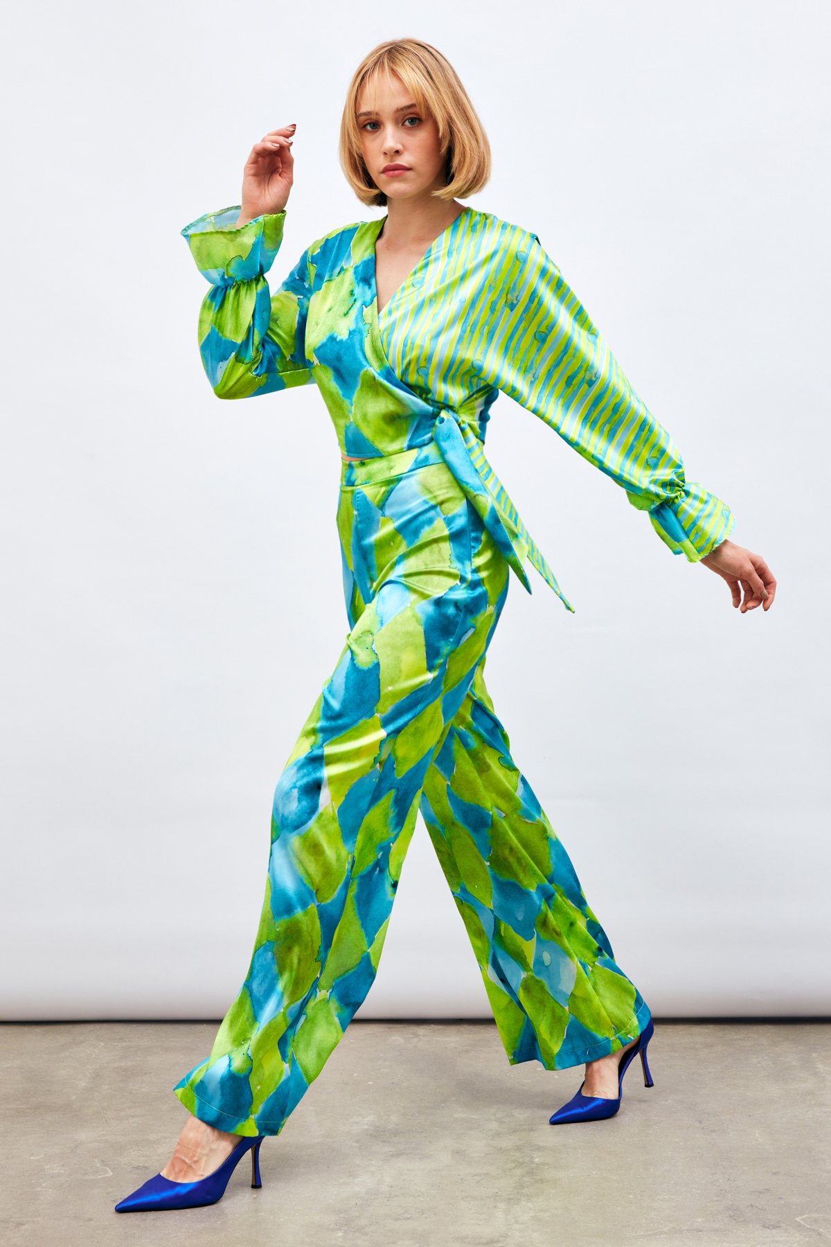 Yüksek Bel Desenli Pantolon - MAVİ