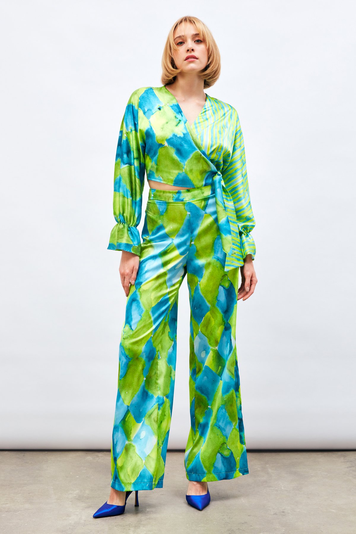 Yüksek Bel Desenli Pantolon - MAVİ