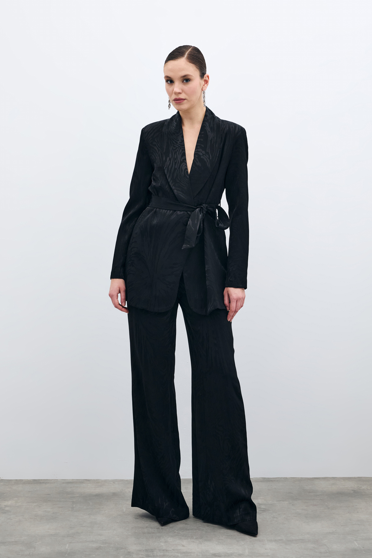 Yüksek Bel Desenli Pantolon - Siyah