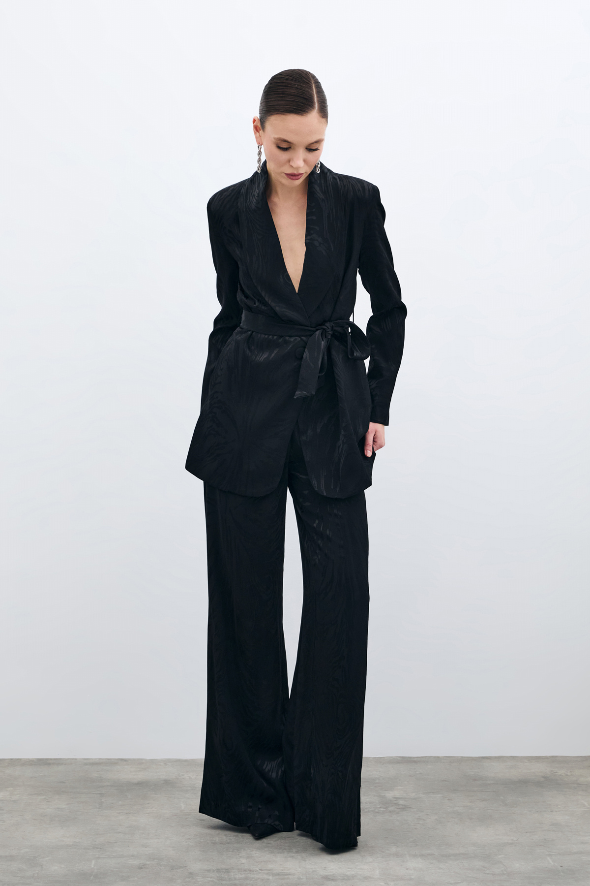 Yüksek Bel Desenli Pantolon - Siyah