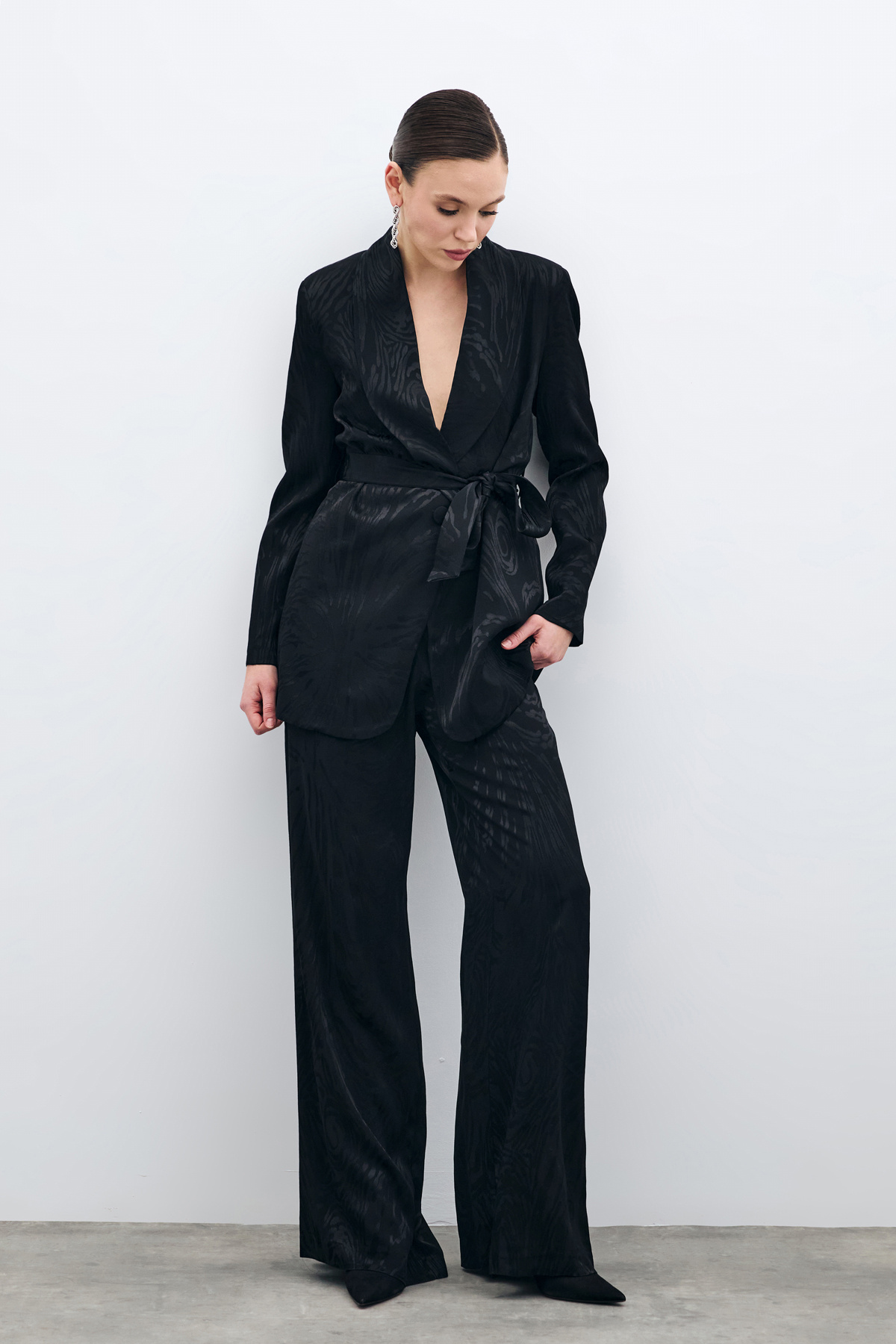 Yüksek Bel Desenli Pantolon - Siyah