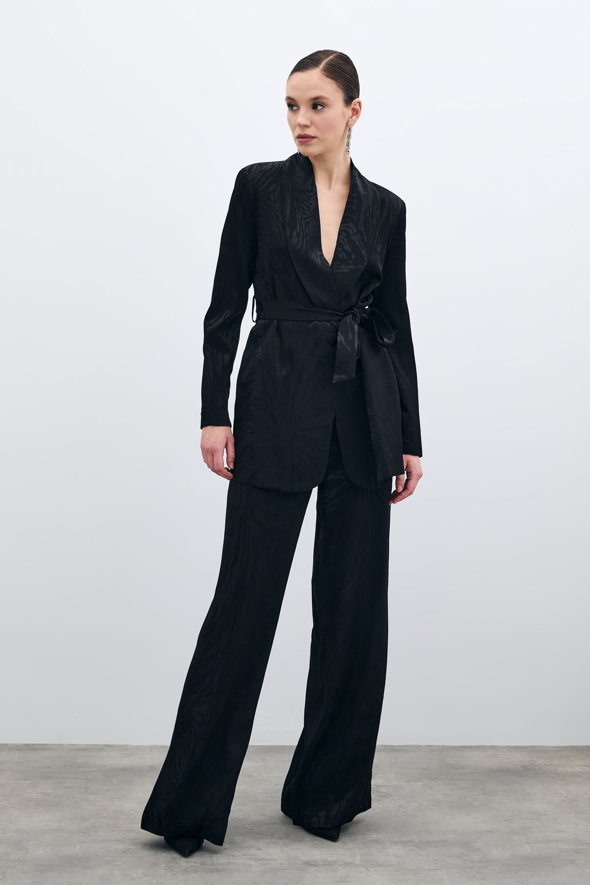 Yüksek Bel Desenli Pantolon - Siyah