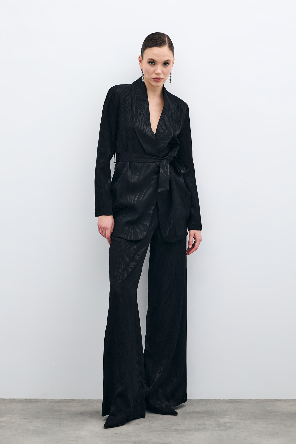 Yüksek Bel Desenli Pantolon - Siyah