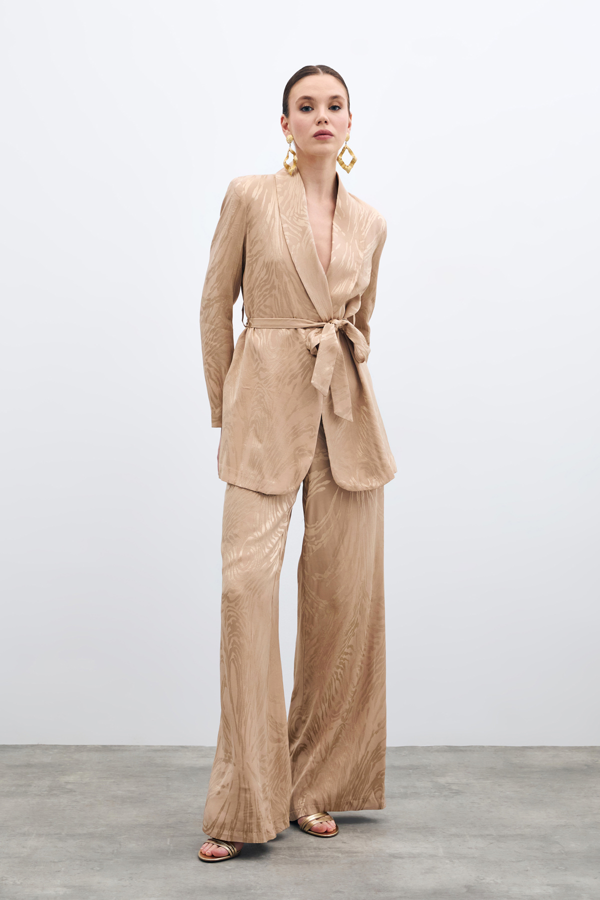 Yüksek Bel Desenli Pantolon - Vizon