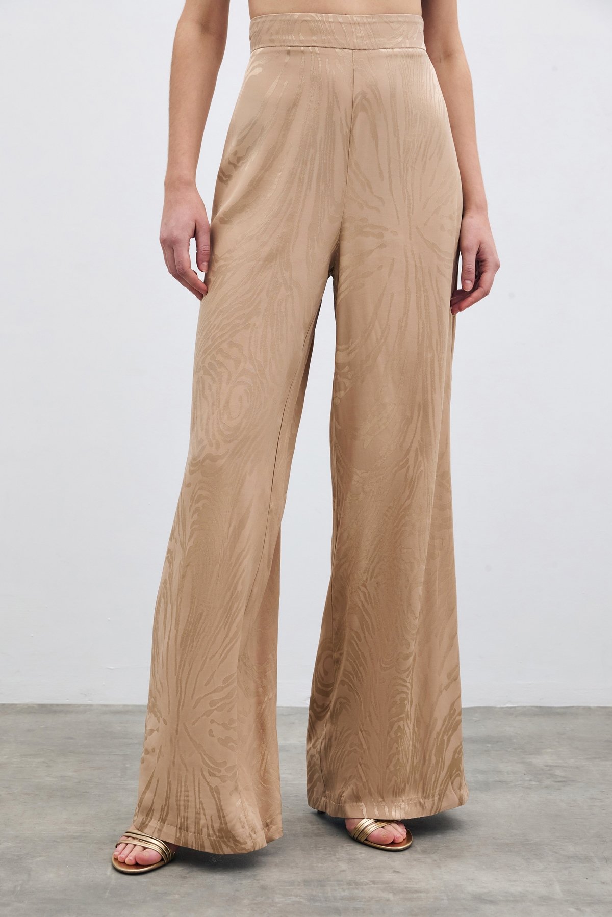 Yüksek Bel Desenli Pantolon - Vizon