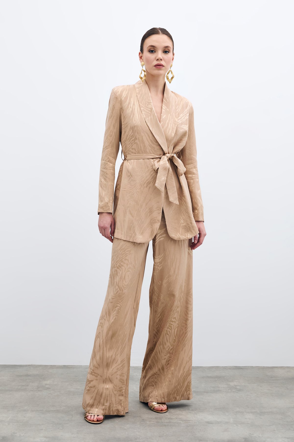 Yüksek Bel Desenli Pantolon - Vizon