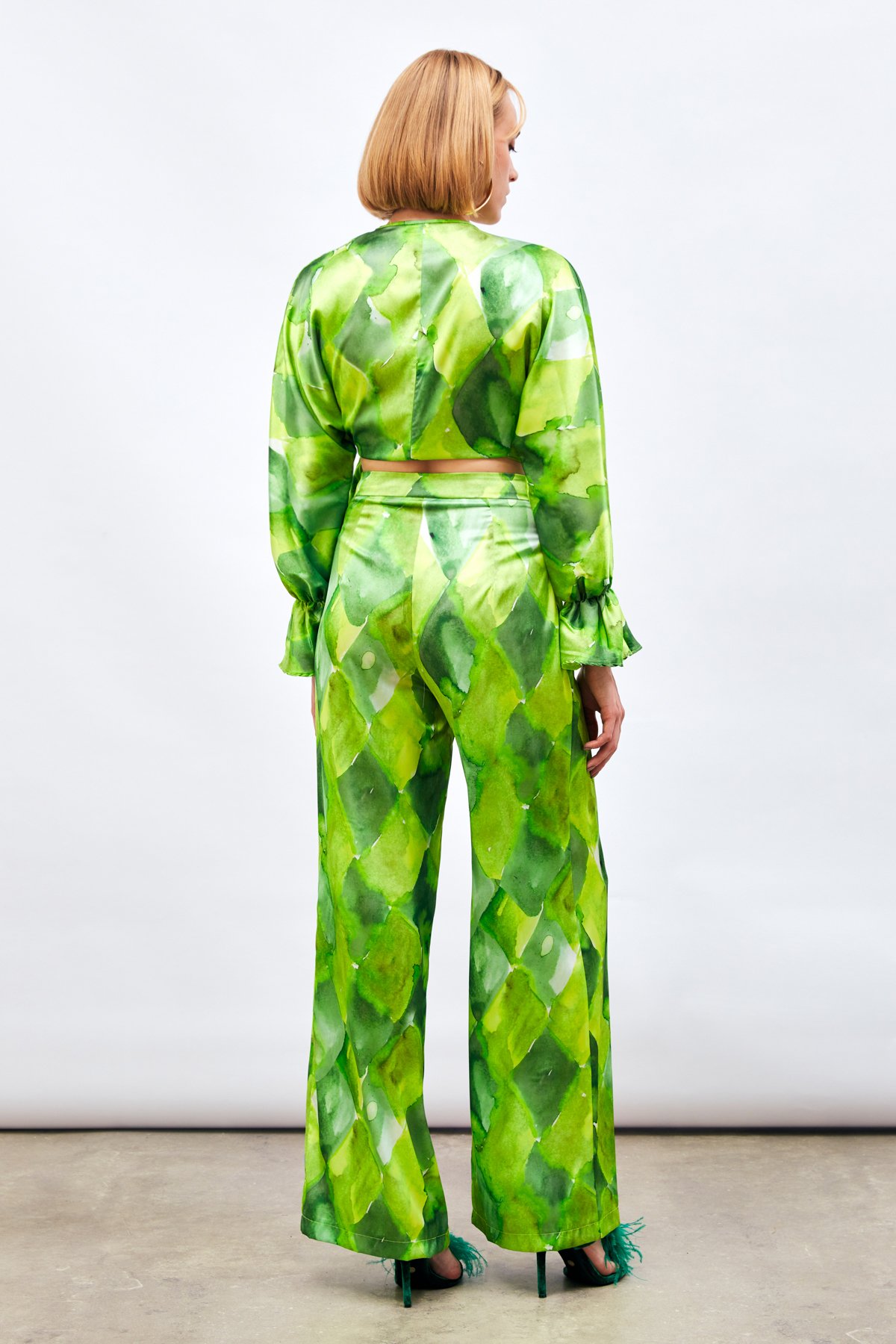 Yüksek Bel Desenli Pantolon - YEŞİL