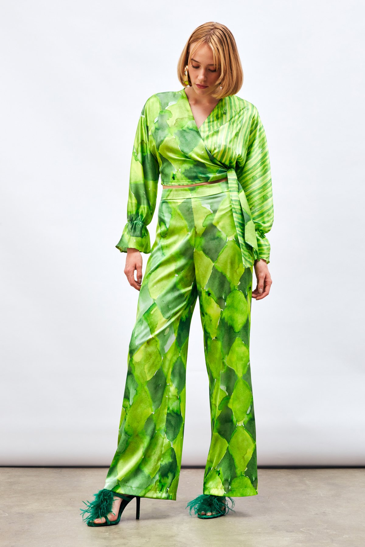 Yüksek Bel Desenli Pantolon - YEŞİL