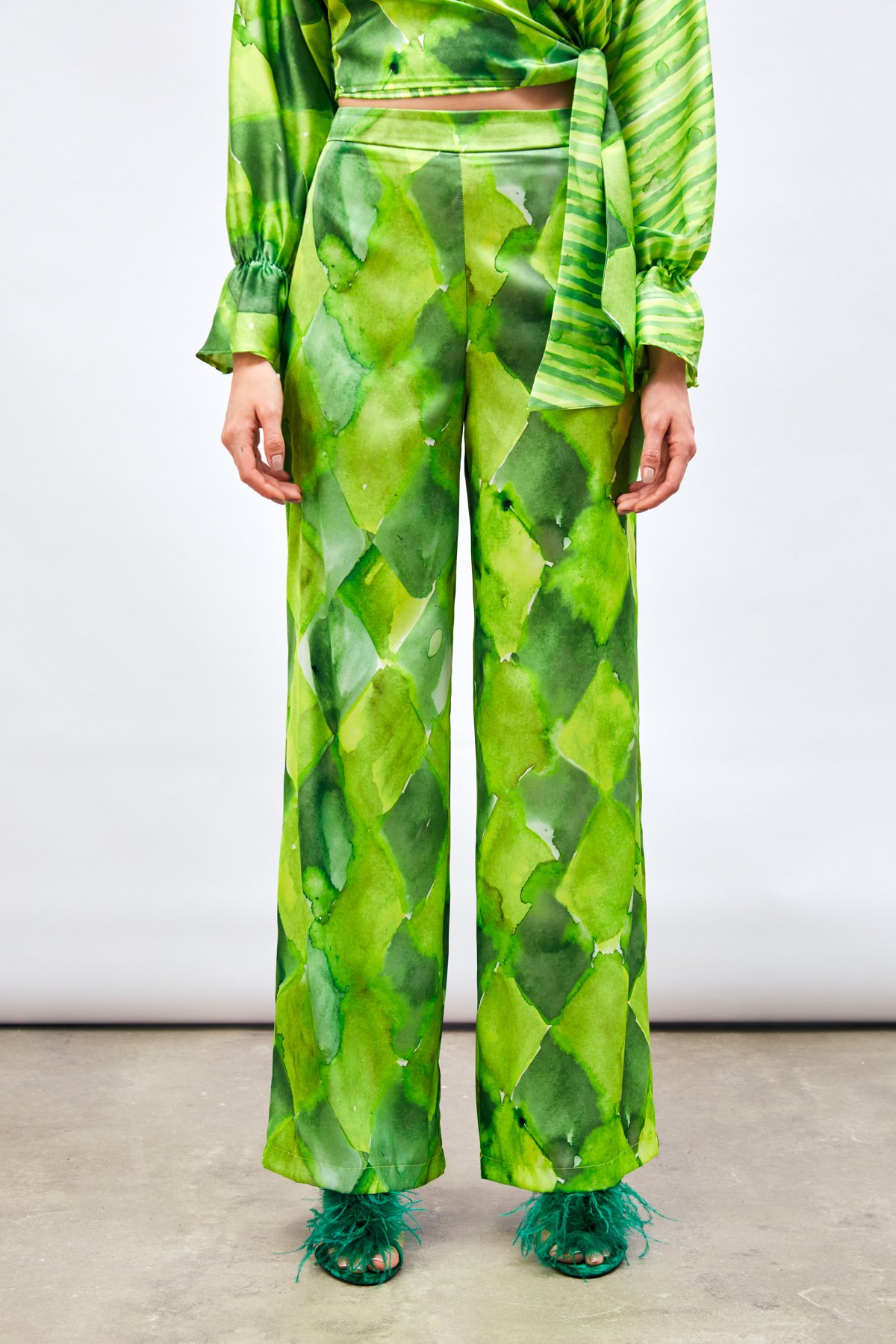 Yüksek Bel Desenli Pantolon - YEŞİL