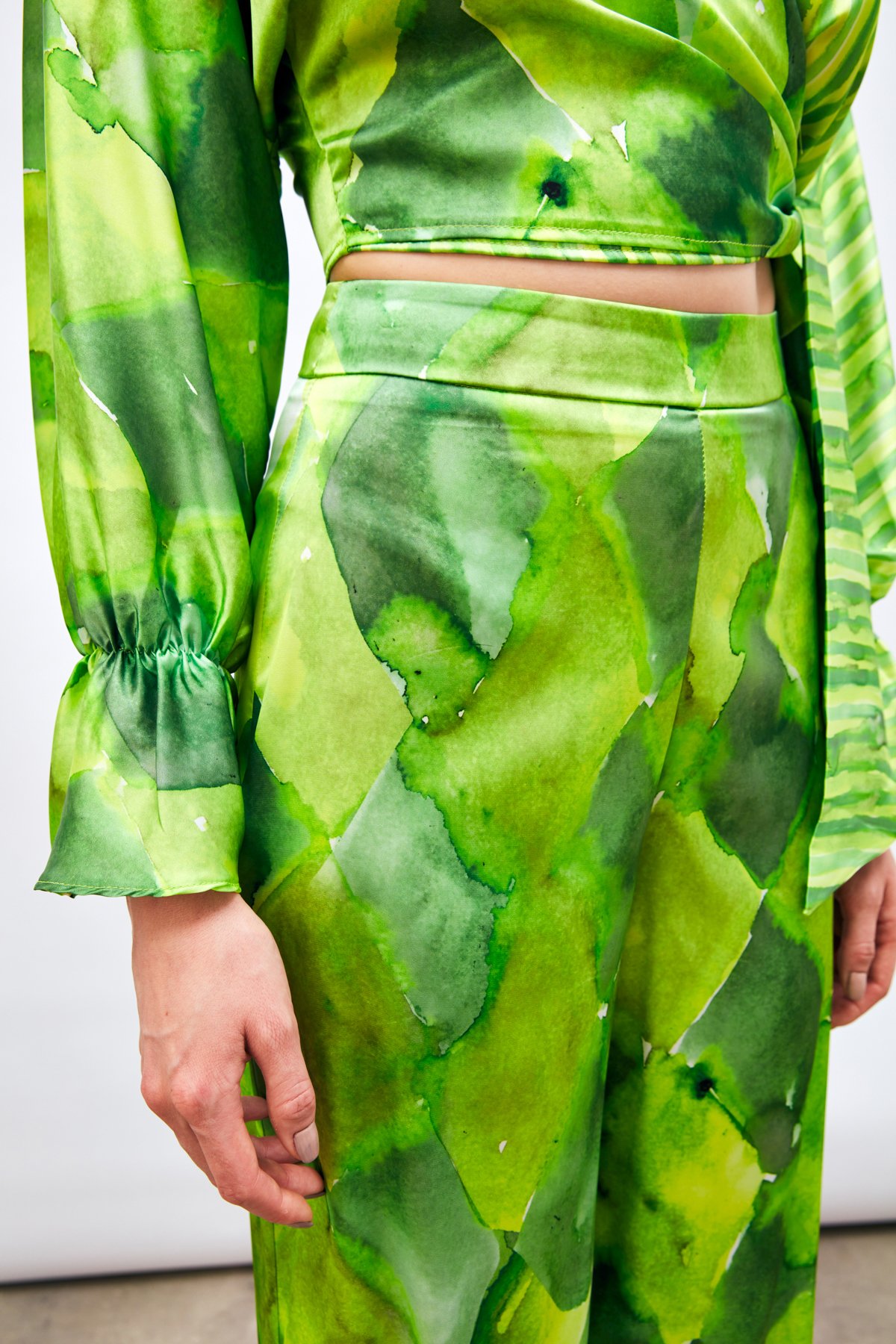 Yüksek Bel Desenli Pantolon - YEŞİL