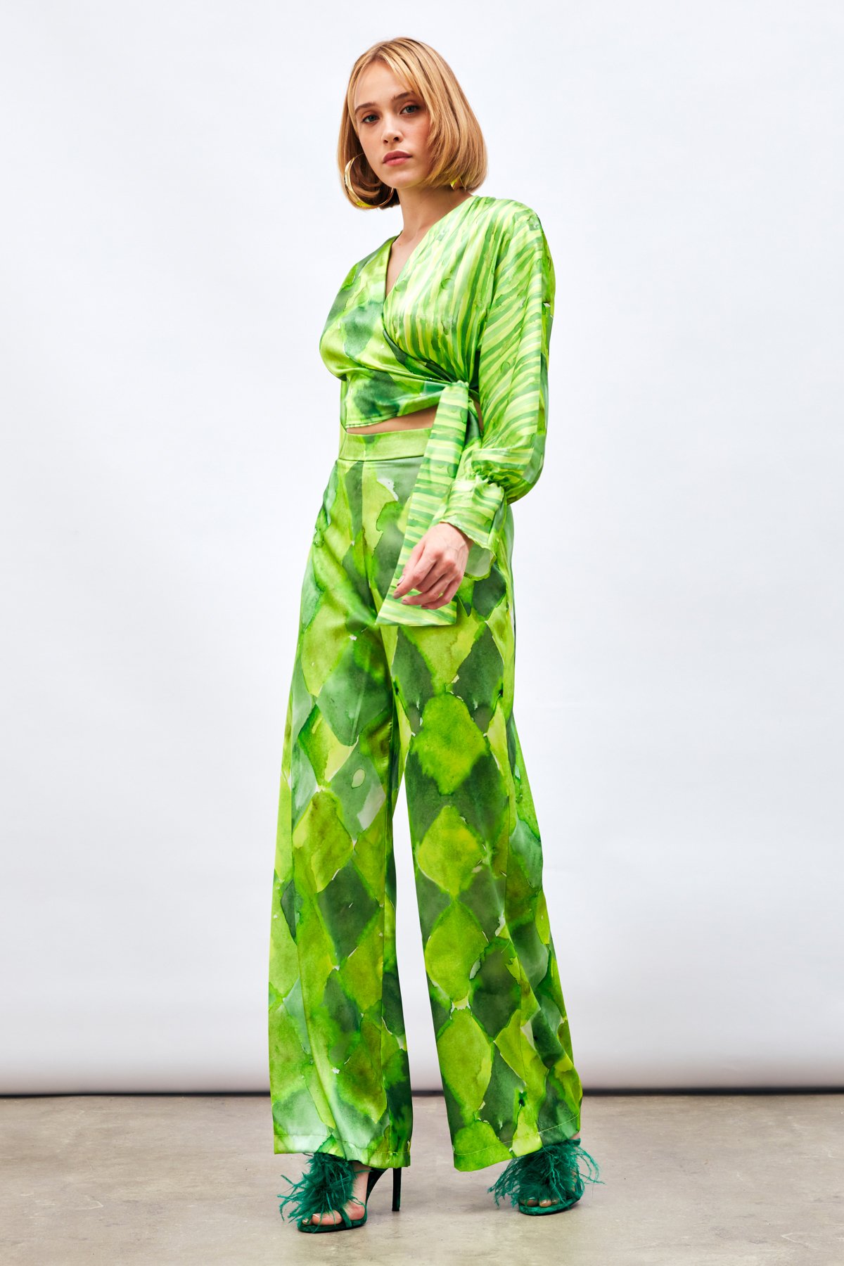 Yüksek Bel Desenli Pantolon - YEŞİL