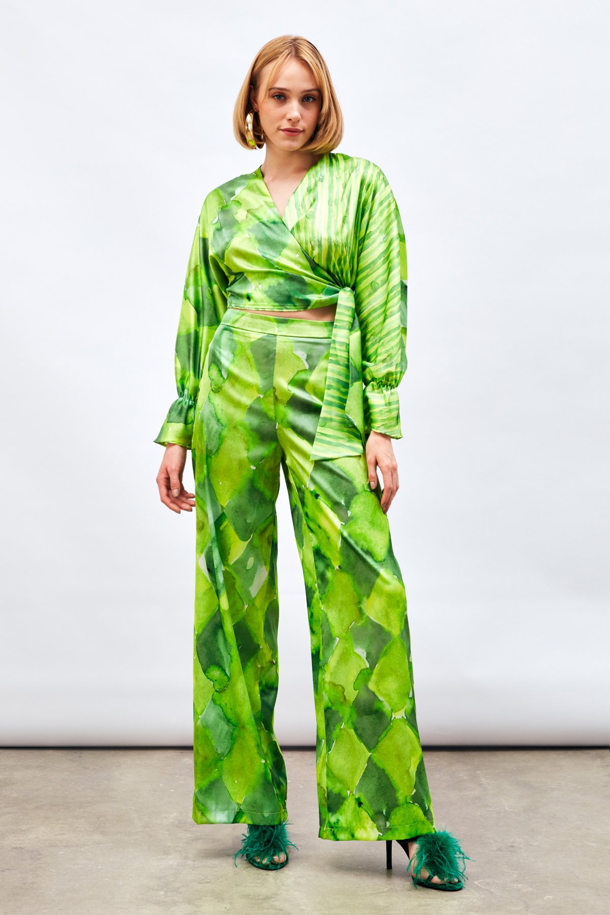 Yüksek Bel Desenli Pantolon - YEŞİL