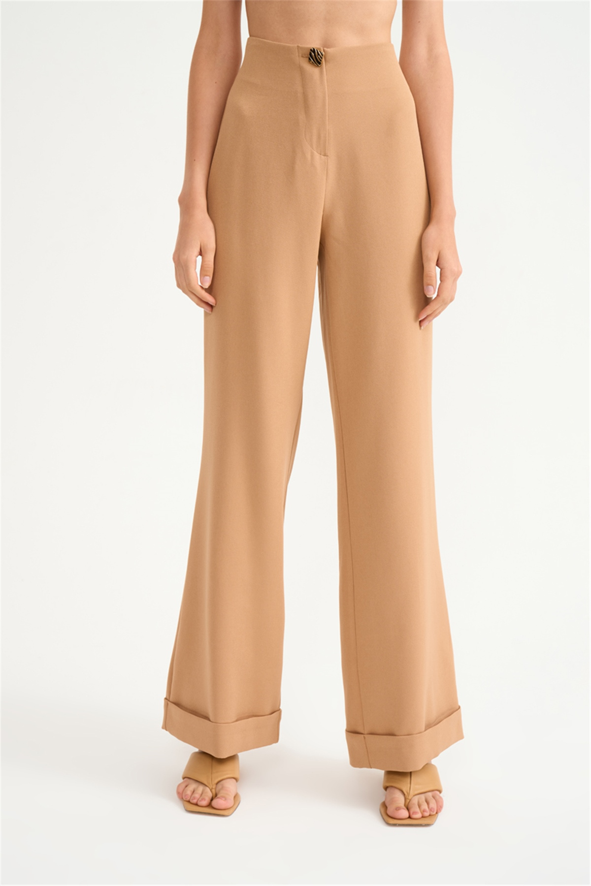 Yüksek bel düğme detaylı pantolon - CAMEL