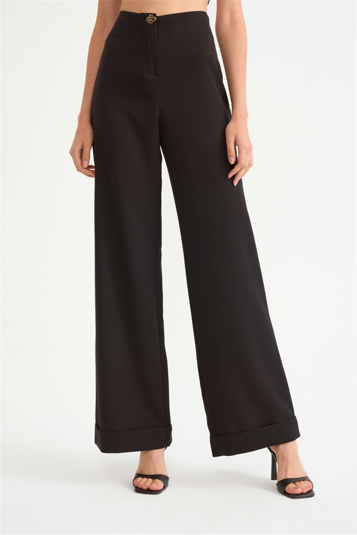 Yüksek bel düğme detaylı pantolon - SİYAH