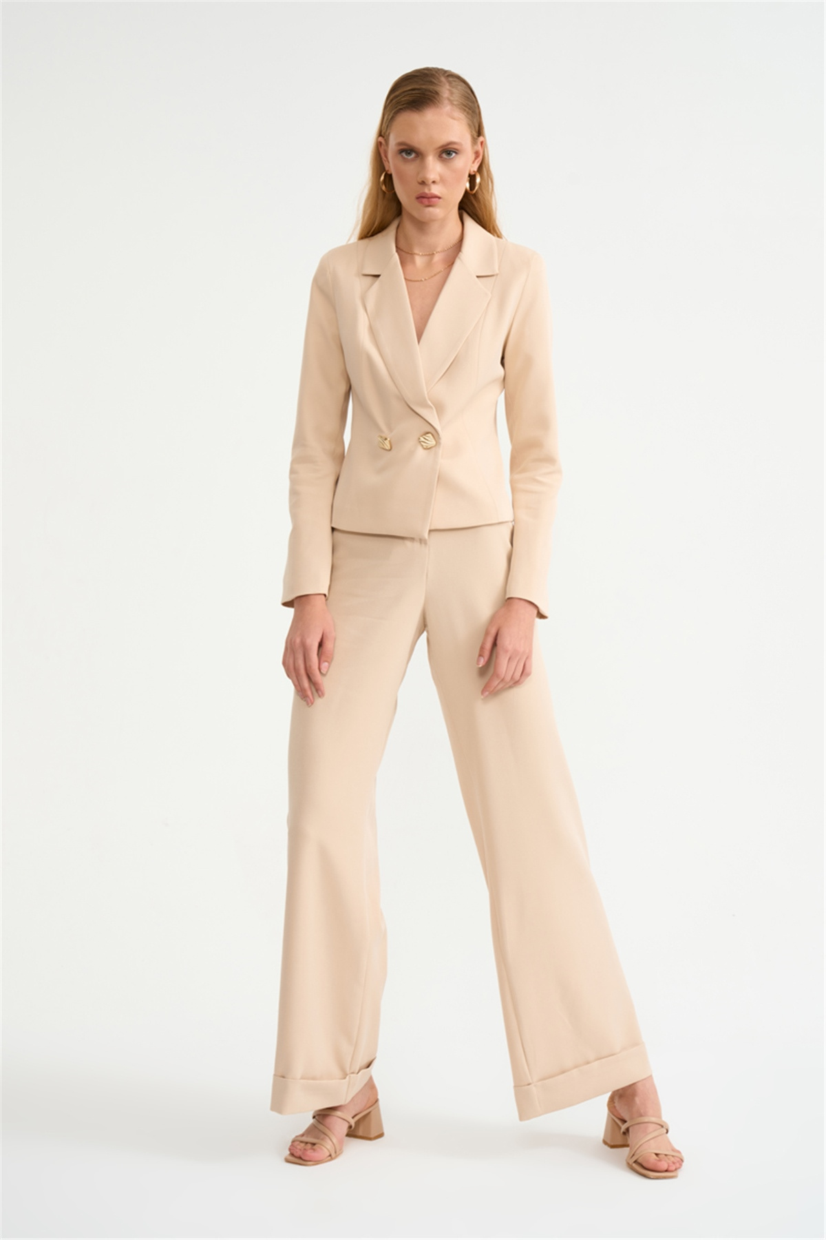 Yüksek bel düğme detaylı pantolon - TAŞ