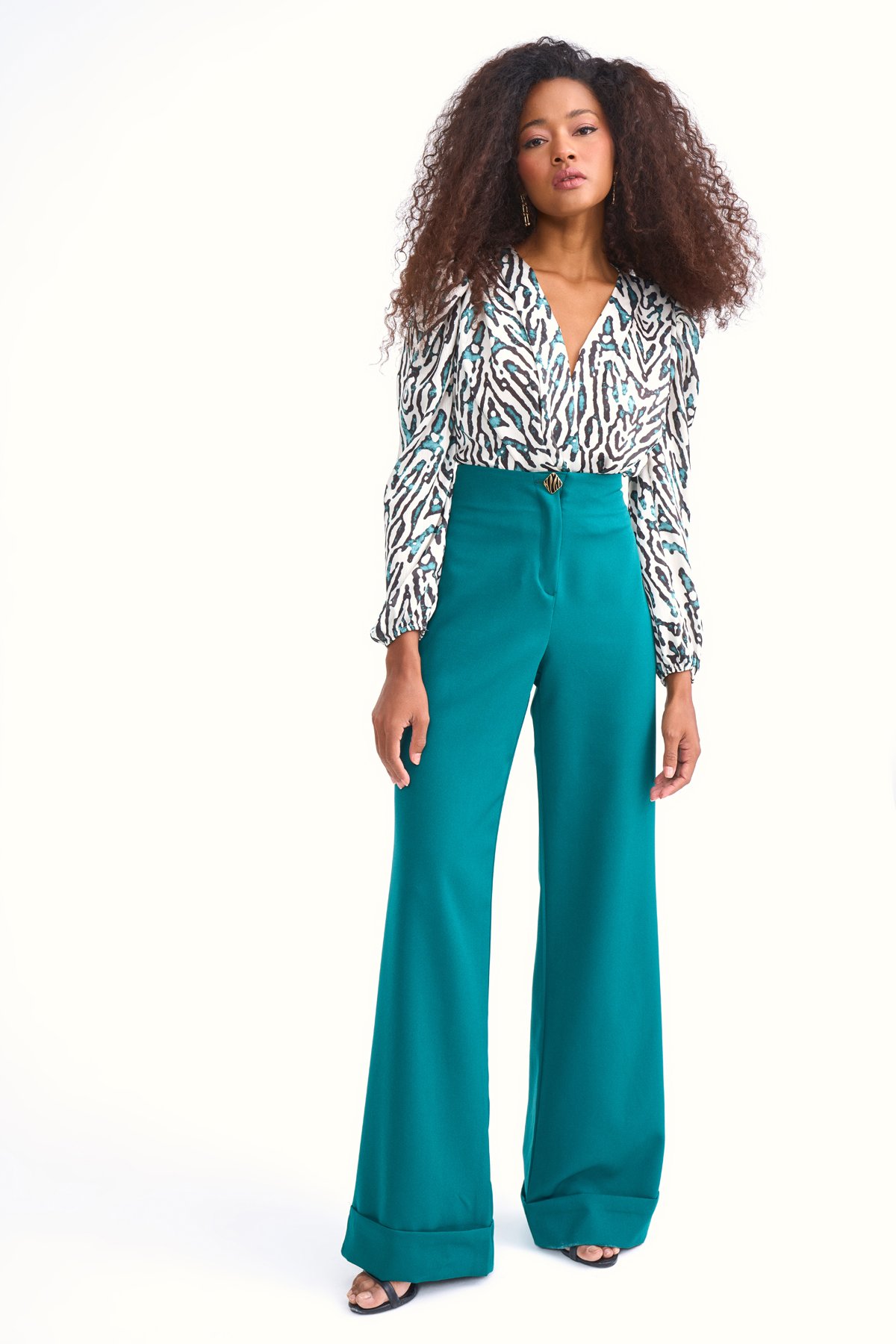 Yüksek bel düğme detaylı pantolon - ZÜMRÜT