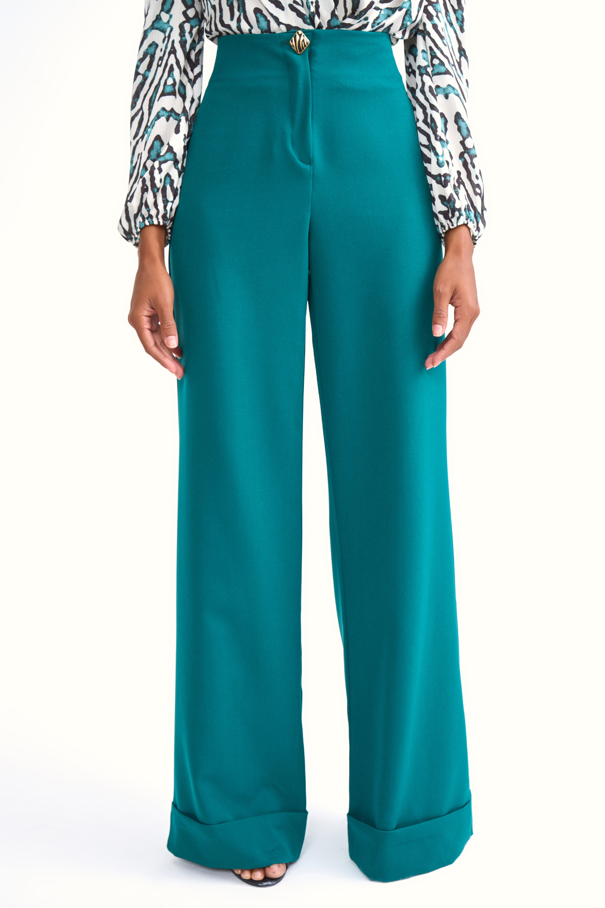 Yüksek bel düğme detaylı pantolon - ZÜMRÜT