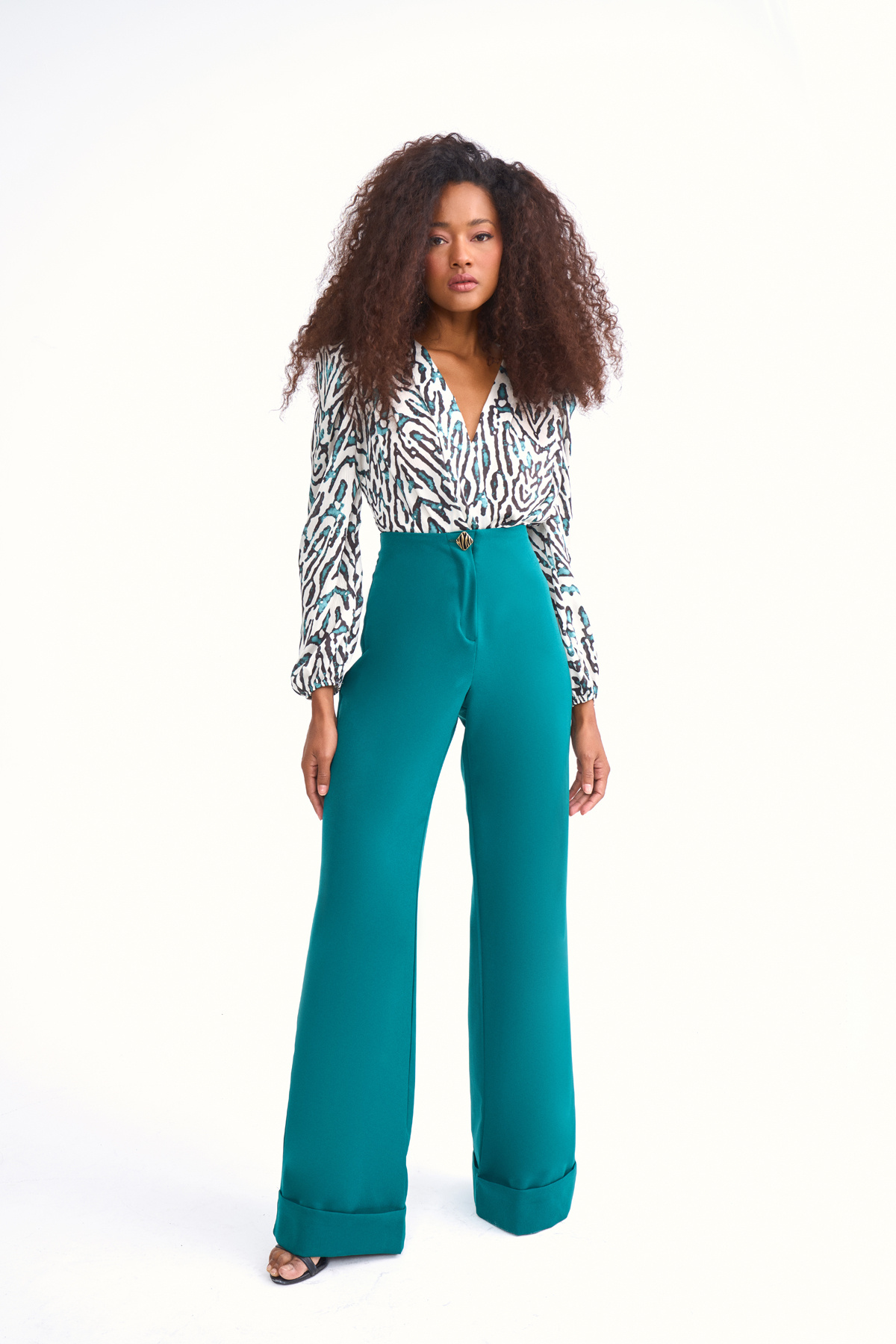 Yüksek bel düğme detaylı pantolon - ZÜMRÜT