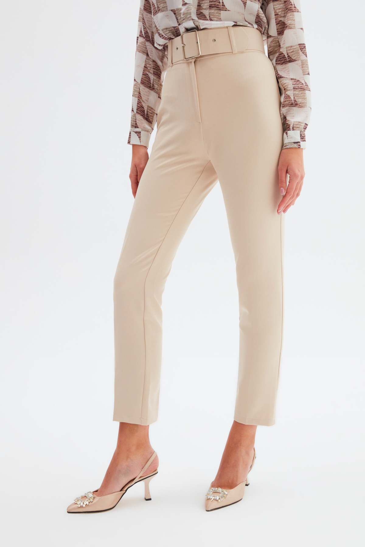 Yüksek Bel Kemerli Pantolon - BEJ