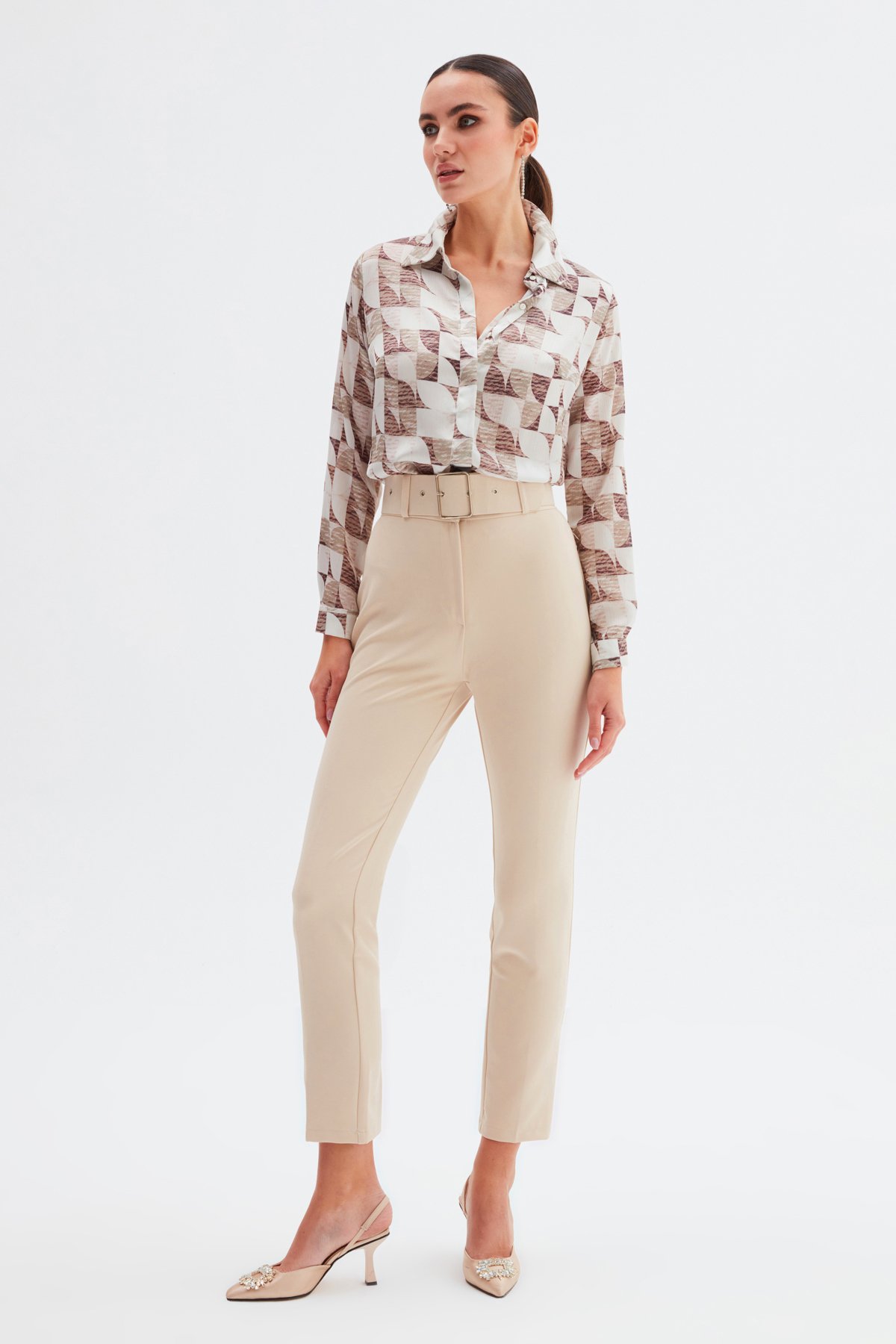 Yüksek Bel Kemerli Pantolon - BEJ