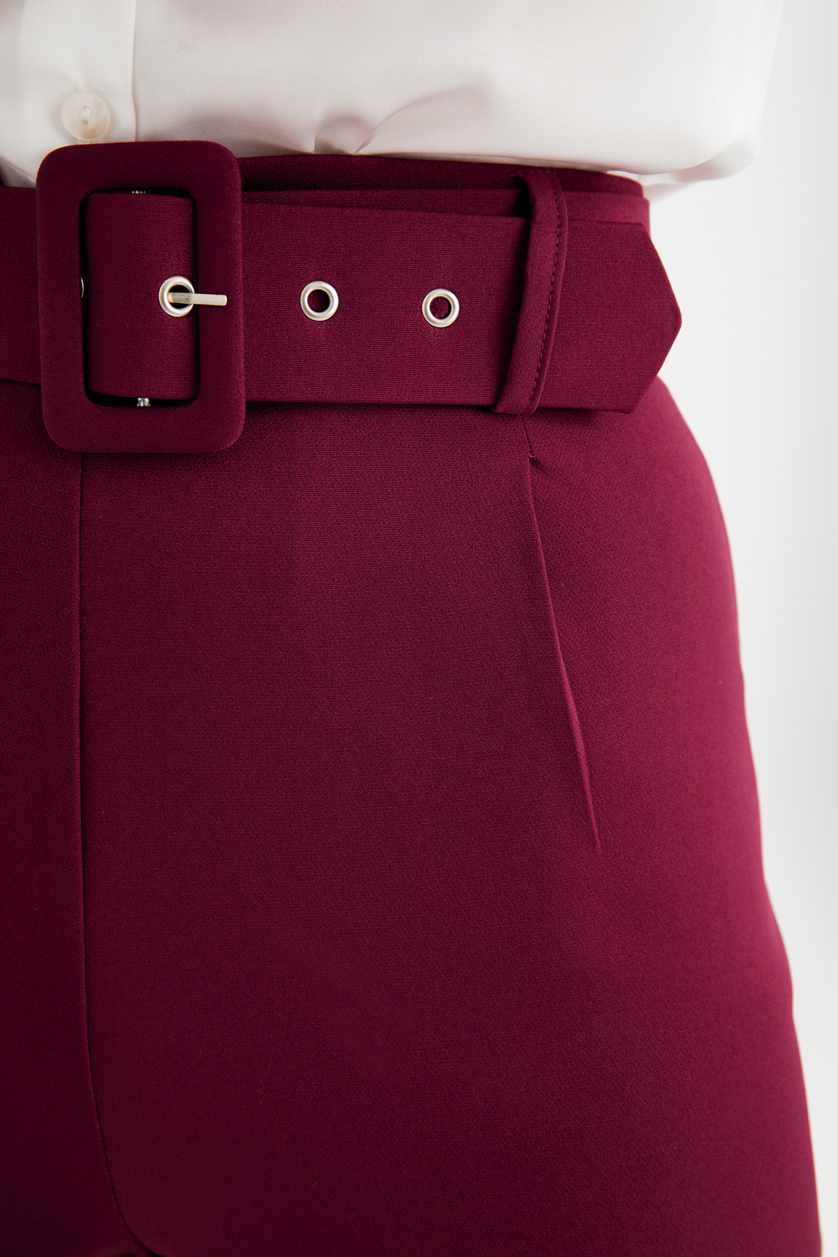 Yüksek Bel Kemerli Pantolon - BORDO