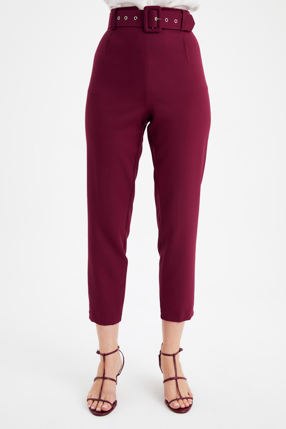 Yüksek Bel Kemerli Pantolon - BORDO