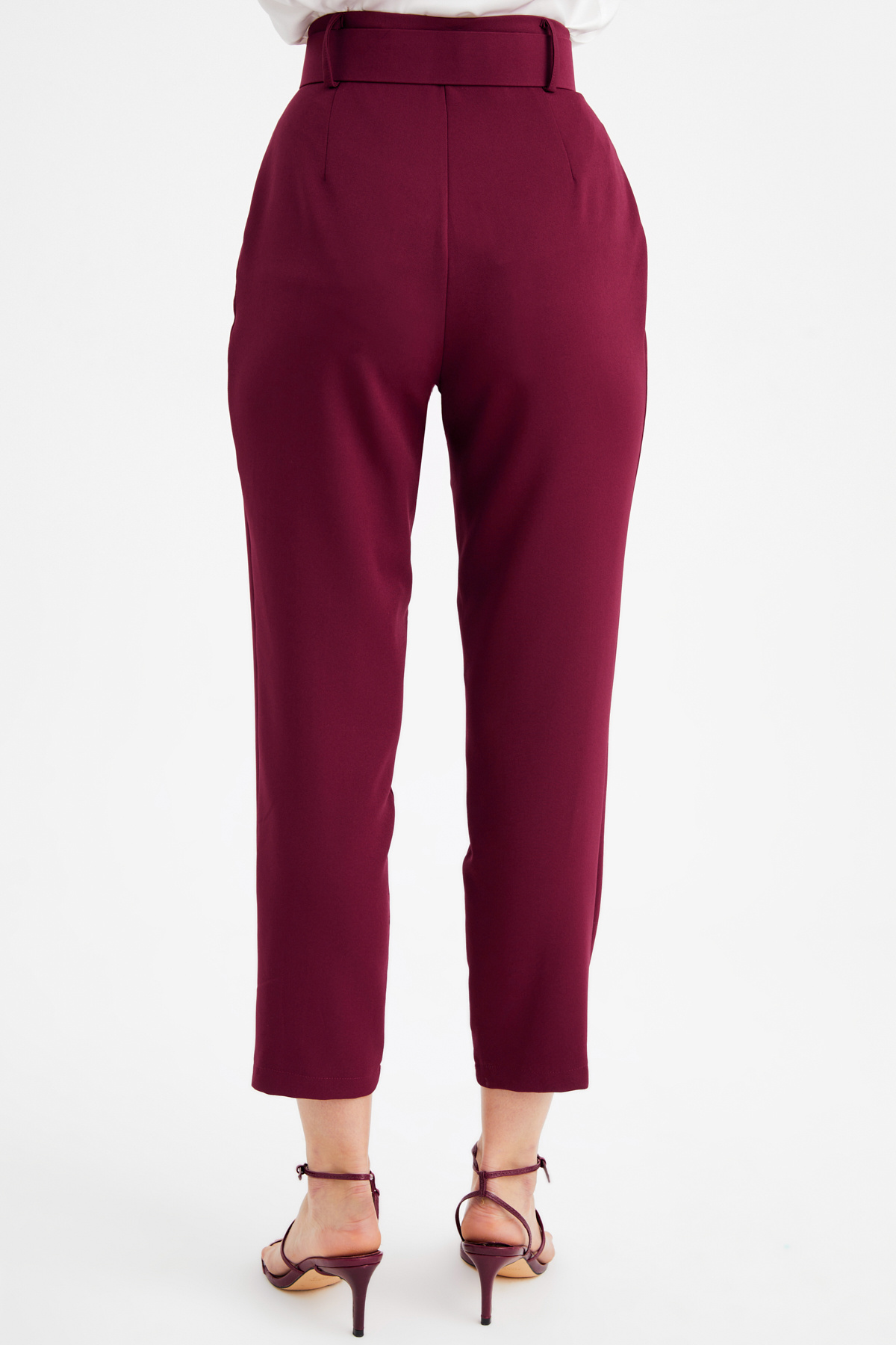 Yüksek Bel Kemerli Pantolon - BORDO