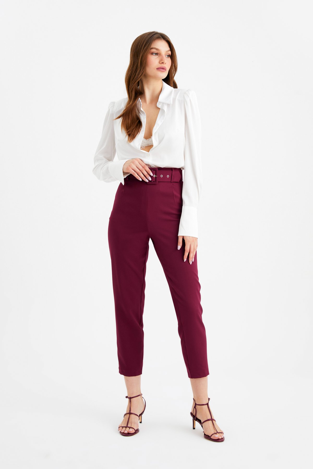 Yüksek Bel Kemerli Pantolon - BORDO