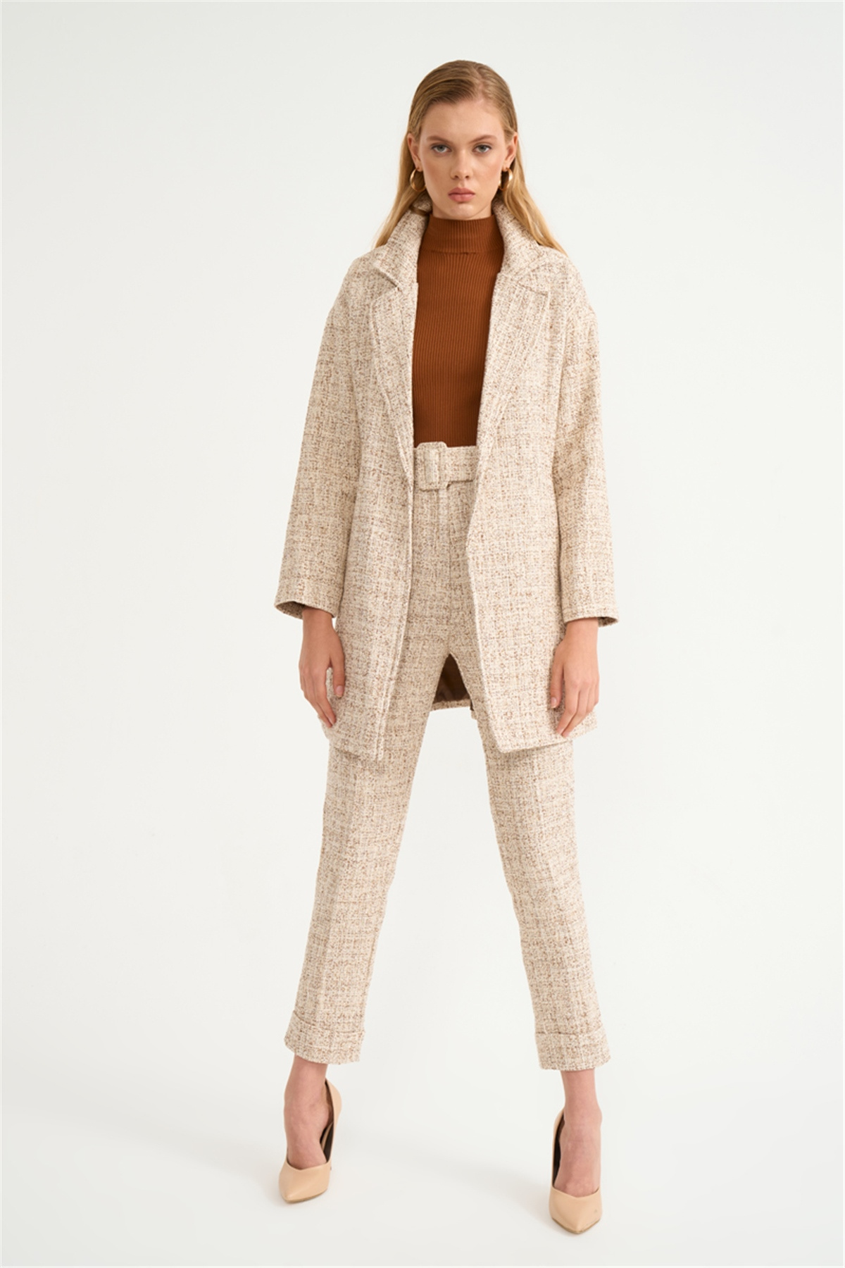 Yüksek bel kemerli pantolon - KAHVE